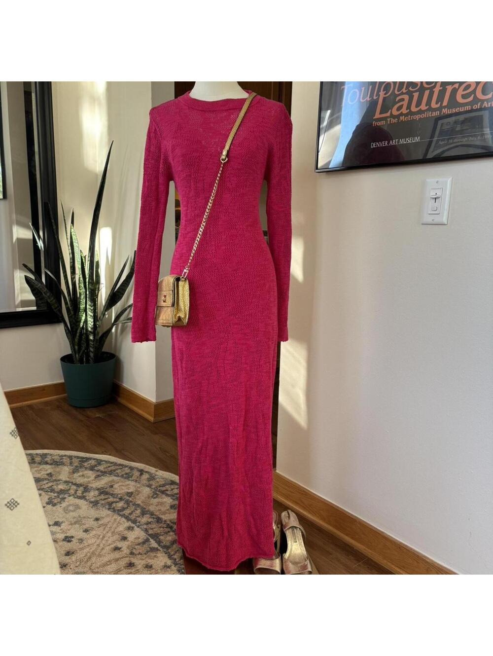 Hot Pink Crochet Knit Maxi Dress Beach Resort Vacation Barbiecore Cover Up